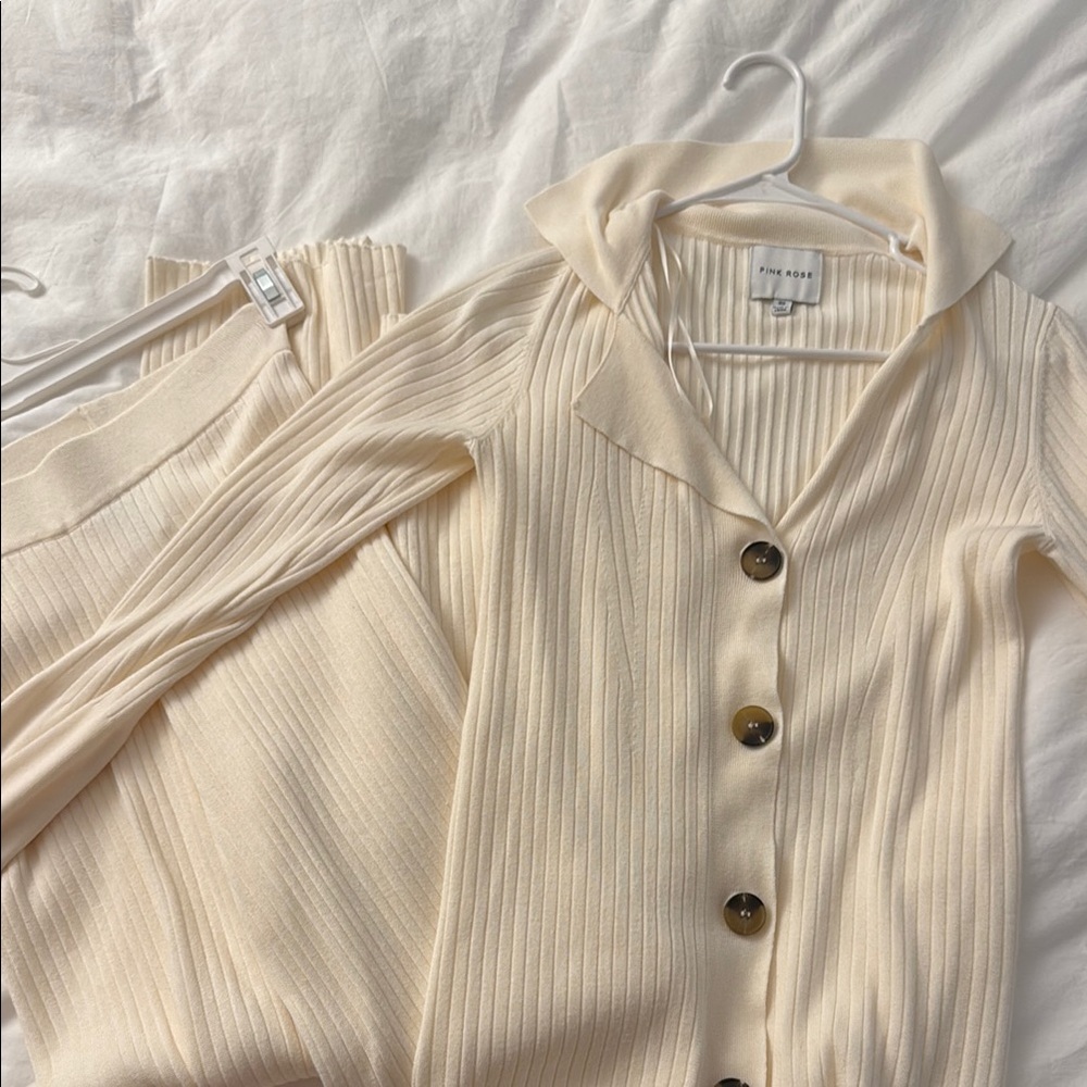Cream Ribbed Button-Up Cardigan Set
